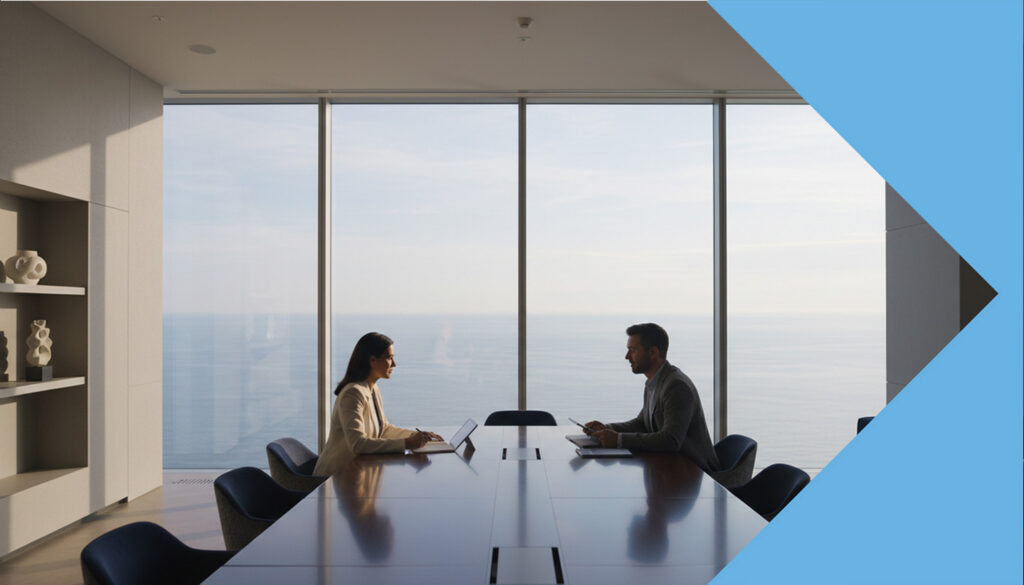 Two people sit across a conference table with ocean view windows and a blue geometric design on the side.